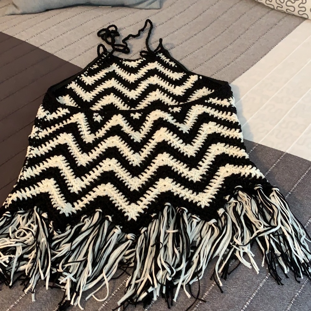 Black White Chevron Crochet Halter Tank Top S M Free People Judith March Hippie - Picture 6 of 6